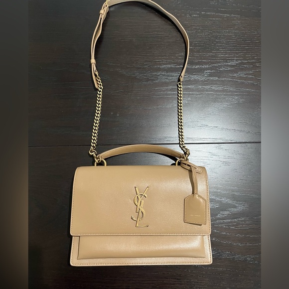 YSL Sunset Top Handle Medium Smooth Leather Shoulder Bag in Dark Beige - Picture 2 of 10